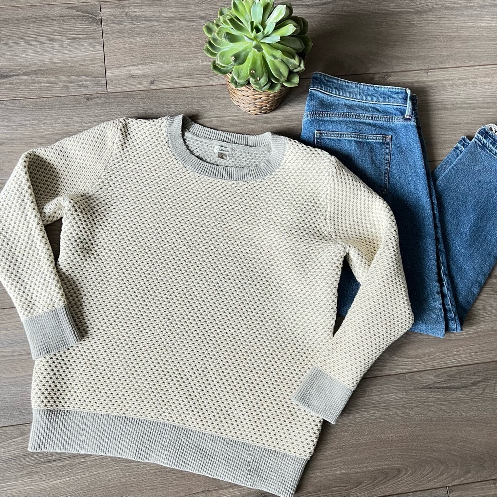 LL Bean Women’s Organic Cotton Pullover Sweater Waffle Knot Gray Cream Medium